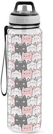 Sports Water Bottle Cute Cats Kittens Tritan Drinking Bottle with Straw Large 1000ml BPA-Free Clear Leakproof for Kids Boys Girls Women Men Gym School