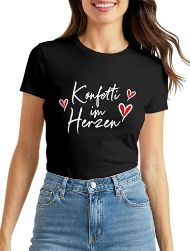 MoonWorks Slim Fit Damen T-Shirt Fasching Karneval Spruch Konfetti Herz Kostüm-Ersatz Verkleidung Last Minute Faschingskostüm