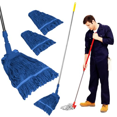 Curvaso Kentucky Mop Handle and Holder with 2 Reusable Mop Heads Home Commercial Floor Cleaning Blue