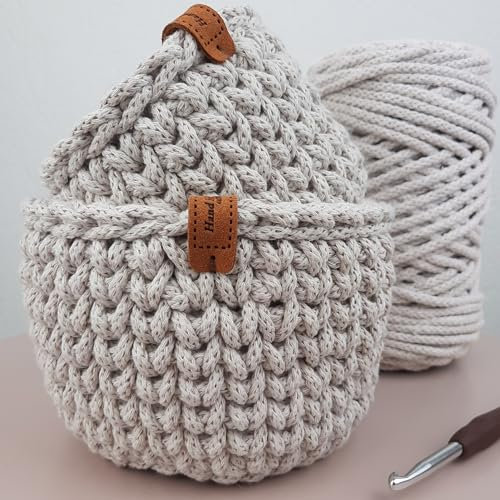 LIDAM 2 Körbe häkeln aus Baumwollgarn| Häkelset für Anfänger +Videoanleitung | Baumwollstrickschlauch, Häkelnadel, Lederettiketten, einfaches Häkeln für Anfänger (beige)