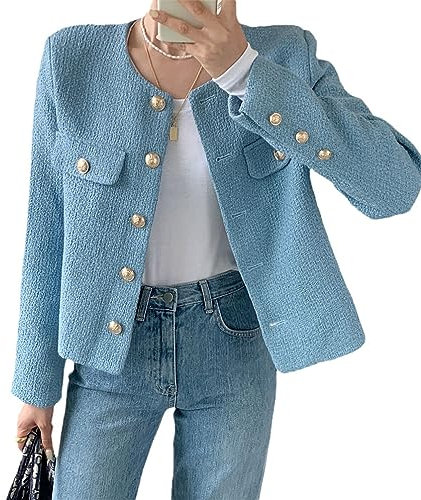 UKTZFBCTW Veste en tweed pour femme, pour printemps, manteau court, à simple boutonnage en métal, haut court, Bleu, taille L
