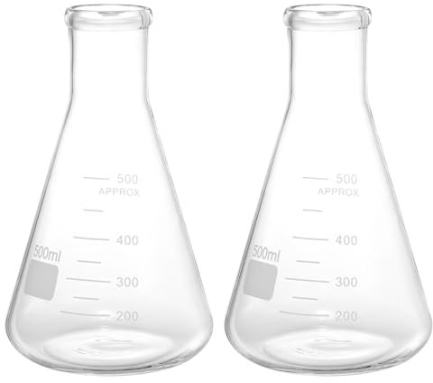 PATIKIL Erlenmeyer Flask, 2 Pcs 500ml Narrow Mouth Graduated Flasks Borosilicate Glass with Printed Graduation for Lab, Experiment, Chemistry, Science Study