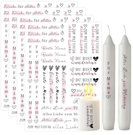 ALLAVA 4 Stück Kerzen Tattoo A5, Kerzentattoos Muttertag, Kerzensticker MAMA Sprüche zum Muttertag, zum Muttertag Alles Liebe, Beste Mama Der Welt (für Mama, C)