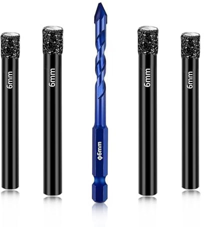 Vanpiece Dry Diamond Drill Bits Set-4pcs 6mm Tile Drill Bit with Quick Change Hex Shank and 1pc 6mm Carbide Drill for Granite Marble Porcelain Ceramic,porcelain tile drill bit