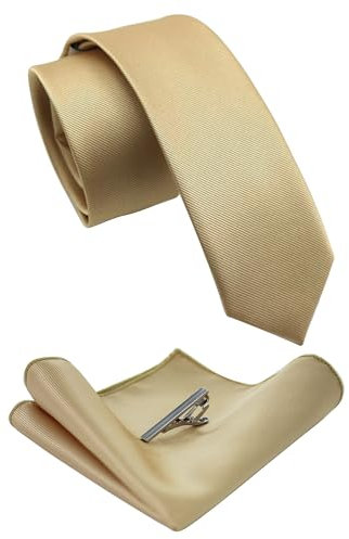 JEMYGINS Schmale Herren Krawatte und Einstecktuch krawattenklammer Set 6cm Champagner Gold