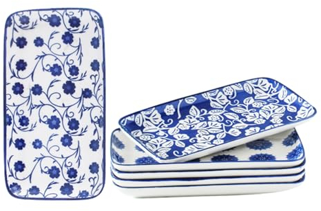 Cerkik Rechteckige Servierplatten Set - 21 cm Keramische Teller Rechteckige Servierplatten für Sushi Dessert Vorspeise - Ofen Mikrowelle Spülmaschinenfest - Set von 6 - Vintage Blau