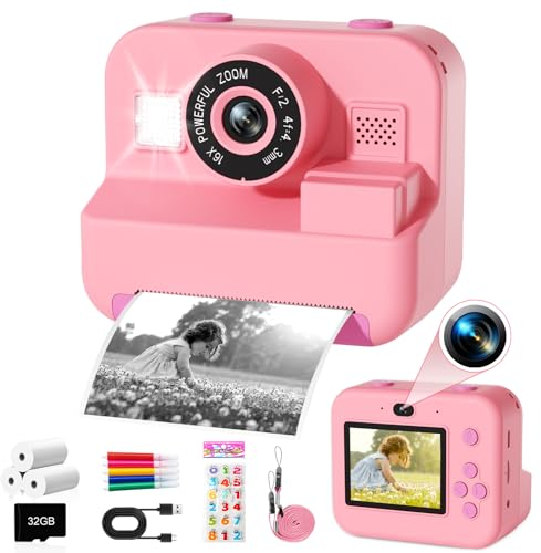 GKTZ Cámara de Fotos Instantáneas - Doble Cámara Fotos Infantil con Papel de Impresión y Tarjeta SD de 32G, Regalo para Niños de 3 a 14 años (Rosa)