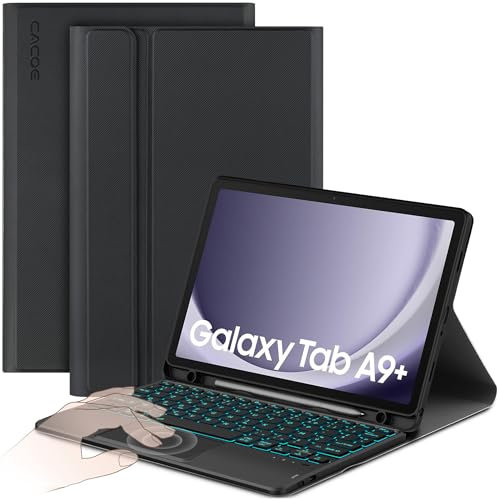 CACOE Funda Teclado Compatible con Samsung Galaxy Tab А9+ 2023 Teclado de 11 Pulgadas con Panel táctil, iluminación de 7 Colores extraíble Teclado AZERTY inalámbrico, Negro