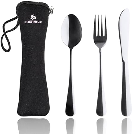 CHEFINLUX Fantástico Juego de Cubiertos - Utensilios Reutilizables con Estuche de Neopreno, Utensilios de Bambú para Servir para-Fiesta/Boda/Picnic, (Cuchara, Tenedor, Cuchillo)