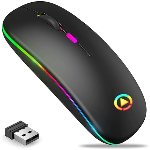 RGB LED Wireless Silent Rechargeable Mouse, Silent Click USB Mouse Wireless for Laptop, PC, Computer, Desktop with 3DPI Mode 800 to 1600, RGB Lights, Optical Mice USB Fast 2.4GHZ