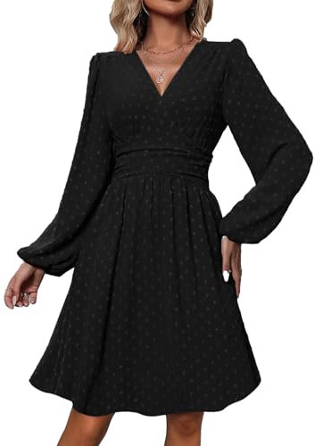 UUAISSO Robe Décontractée Femmes à Manches Longues Taille Haute Ligne A Robe Portefeuille à Col en V Robe Mi Longue Pois Suisse Noir S