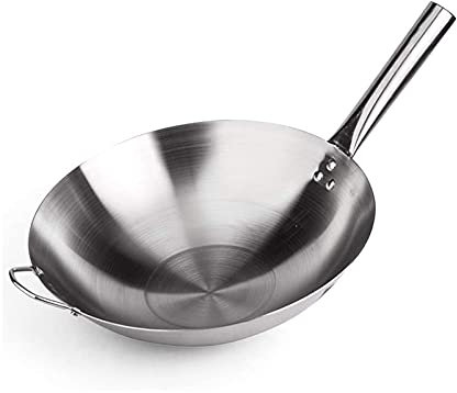CHFYIJYHM Wok chinois en fonte, poêle antiadhésive, wok à fond plat en acier au carbone pour cuisinière à induction, cuisinière à gaz - 36 cm