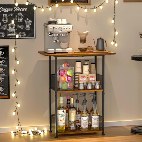 Jsskeeim Mini-Kaffee-Bar-Regal, 3-stöckig, kleiner Couchtisch, Eck-Caffee-Barschrank, Esszimmer, Wohnzimmer, Kapseln, Kaffeemaschine (braun + schwarz)