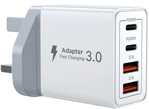 USB C Plug Fast Charge, 40W 4-Port Multi USB Charger Plug UK, Dual Port PD Power Adapter + QC Wall Charger, Type C Charging Plug Compatible with Phone 16/15/14/13/12/11 Pro Max/XS/XR/8/Pad/Samsung