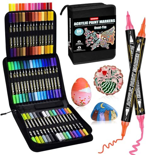 WOGOPRO Acrylstifte für Steine Wasserfest, 60 Farben Dual Tip Acrylic Marker für Steine Bemalen Holz Stein Stoff Leinwand Glas Keramik, Acrylic Paint Marker Set mit einer Tasche