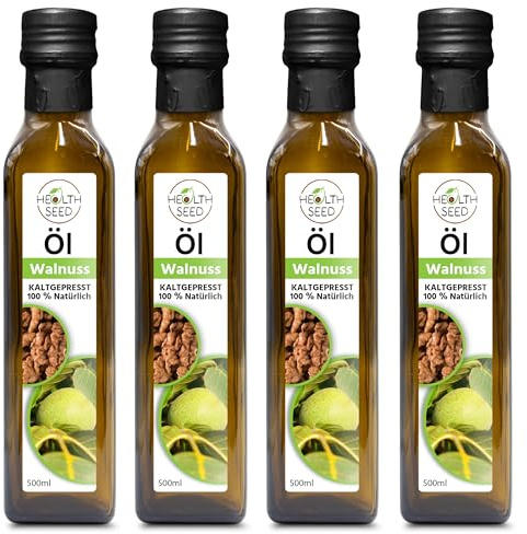 Health Seed® 4 x 500 ml / 2 litres – Huile de noix non filtrée – Bouteille en verre 100 % pure pressée à froid – Fraîcheur du fabricant