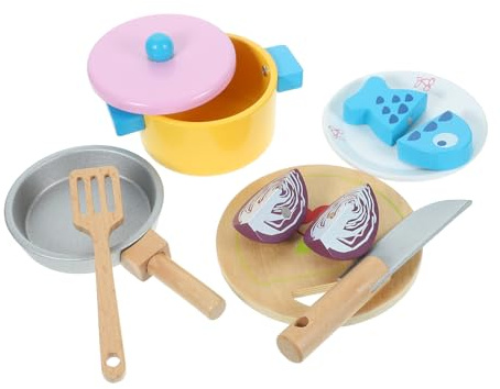 BCOATH Wooden Kitchenware Cookware Playset for Pretend Cooking Set Educational Role Play Accessories for Enhancing Creativity and Motor Skills