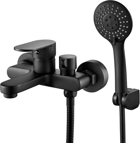 Robinets de baignoire mitigeur avec 3 fonctions douchette à main et tuyau d'eau de 1,5 m, robinet mitigeur mural moderne pour baignoire et douche, laiton massif chromé, levier unique
