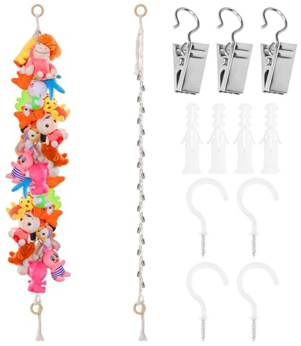 pclapora 2 Stück Boho Stofftier Organizer Kette mit 40 Clips, 2 m Baumwollseil Kuscheltier Aufbewahrung Kette, Plüschtier Aufbewahrung mit Holzringen, Zum Aufhängen und Aufbewahren von Plüschtieren