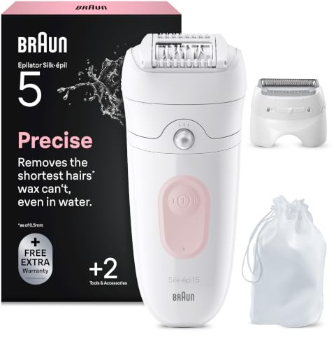 Braun Epilateur Electrique Femme Silk Epil 5, 5-030, Blanc et Rose Flamant | Etanche, sans Fil, Embout Rouleau de Massage, Coffret Epilation avec Tête de Rasage, Sabot Tondeuse