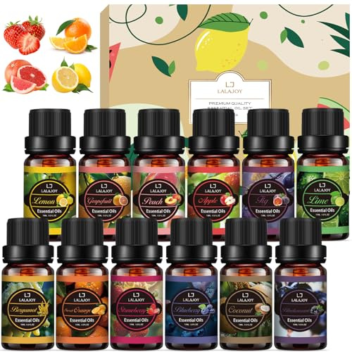Lot d'huiles essentielles pour diffuseur de 12 x 10 ml, 100% huile parfumée pure, coffret cadeau pour savon, bougies, humidificateur, spa, massage, bain, bricolage - myrtille, citron, citron vert
