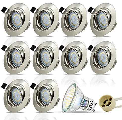 HiBay 10er Set Einbaustrahler 230V LED GU10 Spots Edelstahl gebürstet Einbauspots Schwenkbar Rund einbauleuchten Ø68mm, Inkl.5W Neutralweiß Strahler
