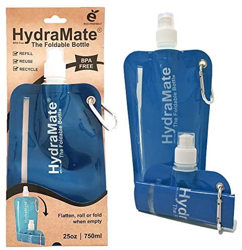 HydraMate Collapsible Water Bottle - Foldable Water Bottle BPA Free - Roll Up, Squeezable Water Pouch 750ml - Lightweight, Flexible, Refillable, Carabiner Clip. Petrol Blue