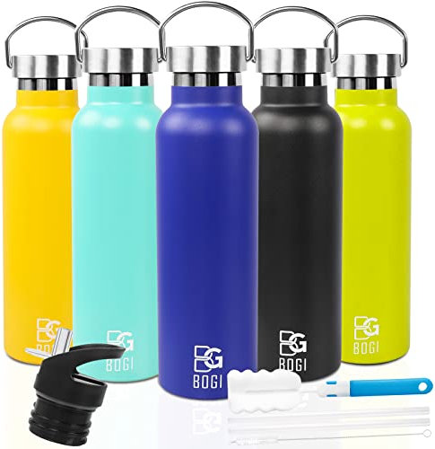 BOGI 600ml Double Wall Vacuum Insulated Stainless Steel Water Bottle-Scratch Resistance&Eco-Friendly for Outdoor Sports Yoga Camping,Straw Flip Cap+Cleaning Brush-1 Year Warranty(Dark Blue)
