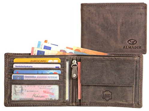 ALMADIH Slim Leder Portemonnaie querformat Schmal für Gesäßtasche 14 Kartenfächer RFID Schutz Gschenkbox (P0Q-BV) Rindsleder Herren Börse Geldbörse Geldbeutel Brieftasche Portmonee braun (P0Q vintage)