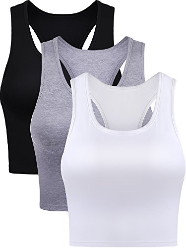 Boao 3 Stück Crop Tank Top Basic Ärmelloses Crop Top Trainieren Fitnessstudio Abgeschnitten Tank Sport für Frauen (Schwarz, Weiß, Grau, S)
