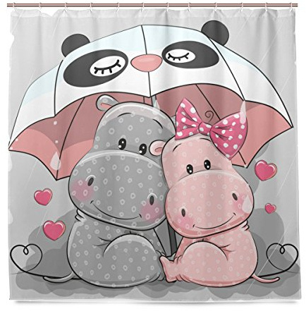 BALII Duschvorhang mit niedlichem Cartoon-Nilpferd, 183 x 183 cm, Polyester, wasserdicht, mit 12 Haken für Badezimmer