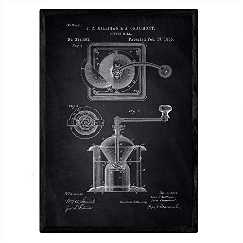 Nacnic Poster Patent Kaffeemühle. Blatt mit altem Design-Patent A3-Format mit schwarzem Hintergrund
