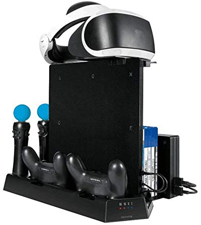 3 in 1 Multi Charging Stand with 2 Cooling Fans for PlayStation PRO/Slim/PS VR, Controller Docking Station Charger, 11 Card Slot, Vertical Stand PSVR Headset Bracket