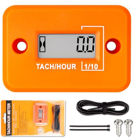Jayron Tacho Stundenzähler Digital LCD Induktiver Tachometer Keine Batterie Leistungsstarke Zeitdrehzahlmessung Wasserdichtes Design für Gasmotor Rasenmäher Motorrad(2/4 Hub) (Orange)