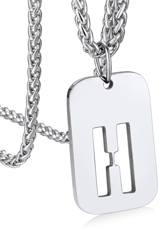 Bandmax Militärische Erkennungsmarke + Buchstabe Kette hohl Initiale H Anhänger mit 55+5cm Weizenkette Edelstahl Kette Dog Tag Modeschmuck Accessoire