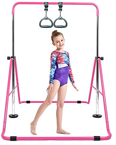 Gymnastic Bar Kids with Flying Ring Folding Adjustable Height Horizontal Gift Set, Expandable Gym Training Bar Equipment for Boys Girls Color Pink Blue Purple fit Outdoor Indooor (Rose with Ring)