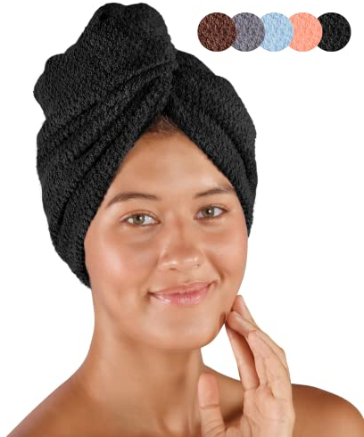 pamuq Haarturban Baumwolle 100% - schwarz, 2er Set - mit 2 Knöpfe - Turban-Handtuch Knopf Haar-Handtuch Kopf-Handtuch Knopf Haarturban schnelltrocknend Hair Towel Handtuch Haare Haartrockentuch