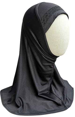 Yaqeen Kinder Mädchen Kopftuch Hijab Glitzerborde, Sport Hijab, Amira Kopfbedeckung 6-12 Jahren, Einheitsgröße, schwarz