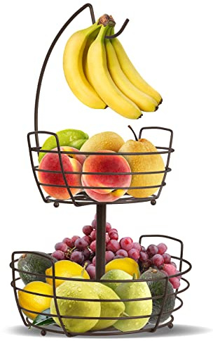 Fuleadture 2 Stöckig Obstkorb mit Bananenhalter - Küche Obststaender für die Arbeitsfläche - Metall Obstschalen für Obst und Gemüse - Bronze