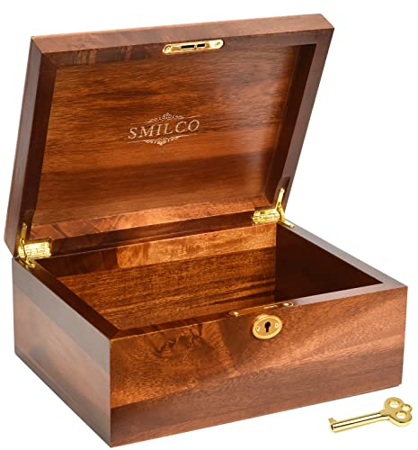 Smilco Wooden Storage Box with Hinged Lid Acacia Wood Hand-Crafted Wooden Box for Recipes Decorative Storage or as Keepsake.(Primary Colors)