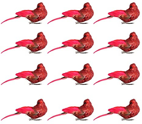 JYCRA Künstliche Glitzer-Vögel für Weihnachtsbaumschmuck, Mit Metallclip, DIY-Handwerk, Weihnachtsbaumdekoration, Rot, 12 Stück