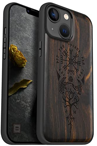 Carveit Magnetisch Hülle für iPhone 14 [Elegante Dunklesholz] [Weich TPU Stoßstange] Stoßfeste Handyhülle Kompatibel Magsafe mit 14 Hull Holz（Wikingerkompass Vegvisir）