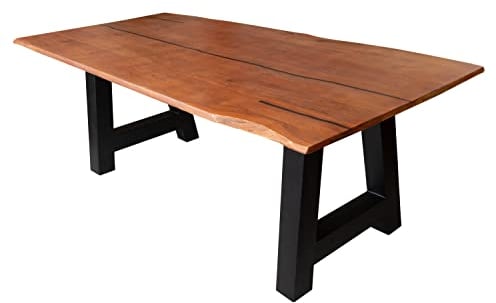 SAM Baumkantentisch 200 x 100 cm Polly, Epoxidharz-Adern in Schwarz, Akazienholz massiv + nussbaumfarben, Esstisch mit A-Eisengestell Schwarz, Tischplatte 26 mm, Esszimmertisch mit echter Baumkante