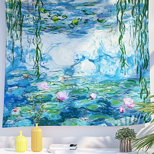 Berkin Arts Decor Wandteppich zum Aufhängen, Hintergrund aus hochwertigem Polyesterstoff Impressionismus Blaugrüne Pflanzenlandschaft 150 x 200 CM(Claude Monet-Wasserlilien)