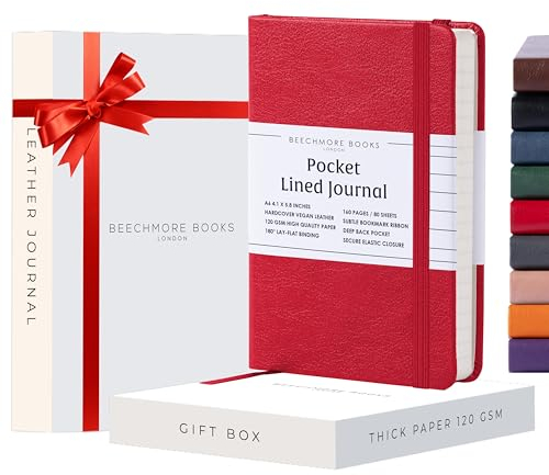 Beechmore Books Lined Journal Notebook, 4.1”x 5.8”, A6 160 Lined Pages, Hardcover Leather Journals for Women, Men, Writing and Notebooks for Work - 120 GSM Thick Paper, Gifts Box Included