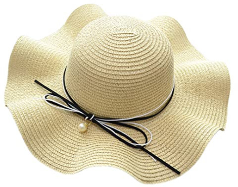 Pulcykp Chapeau de Paille Chic avec Nœud et Perles pour Femme - Grand Chapeau de Plage Pliable