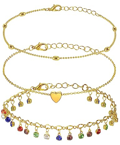 3 st ankelarmband fotlänk för kvinnor, flerskikts vintage justerbar klassisk kedja ankelarmband boho fotarmband strand barfota sandal fotkedja smycken fotkedja gåvor för flickor, färgade kristaller, 5