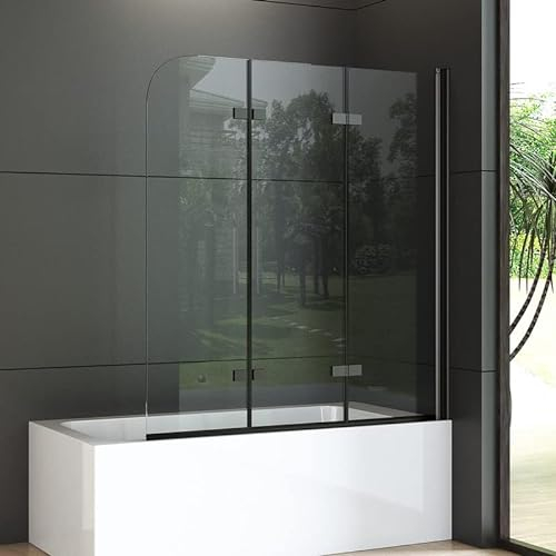 Duschwand für Badewanne 130x140cm 3-teilig Schwarz Duschabtrennung Faltbar, Glas Badewannenaufsatz Duschtrennwand aus 6mm ESG NANO Sicherheitsglas, Dreifaltigkeitstür Duschwand