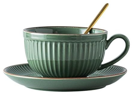 FülleMore Retro Keramik Teetasse Espressotassen mit Unterteller 280ml Kaffeetasse Cappuccino Tassen mit Löffel Teetasse Porzellanbecher Geschenktasse Set (Grün)