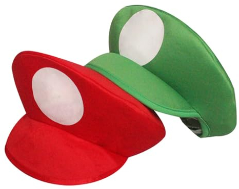 HNJUSR Set mit 2 Super Mari Mützen Kappen Mari und Luig rot und grün,Kostüm Accessories Mütze Hut Bart Kostüm für Halloween Fasching Karneval Cosplay Kostüm für Kinder Damen Herren,Mit 2 Bärten
